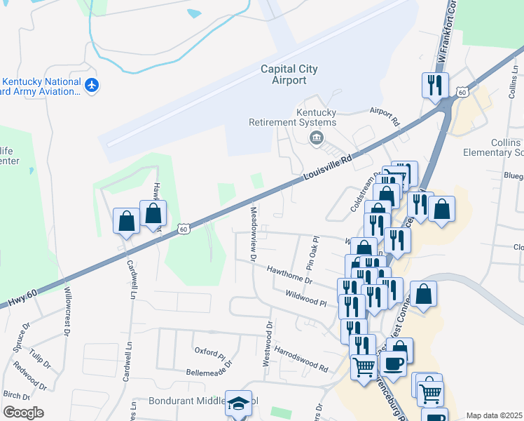 map of restaurants, bars, coffee shops, grocery stores, and more near 101-115 Meadowview Drive in Frankfort