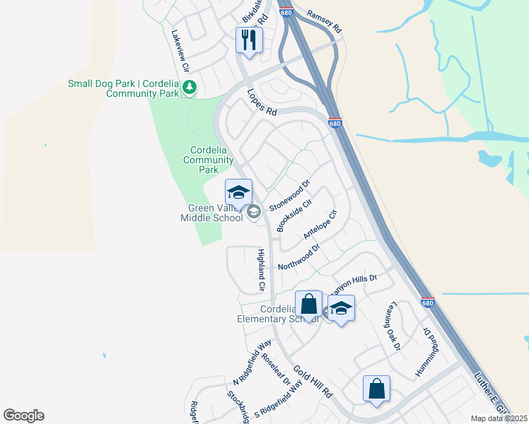 map of restaurants, bars, coffee shops, grocery stores, and more near Gold Hill Rd & Stonewood Dr in Fairfield