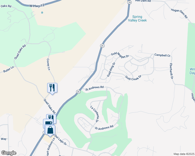 map of restaurants, bars, coffee shops, grocery stores, and more near 172 Gold Dust Drive in Valley Springs