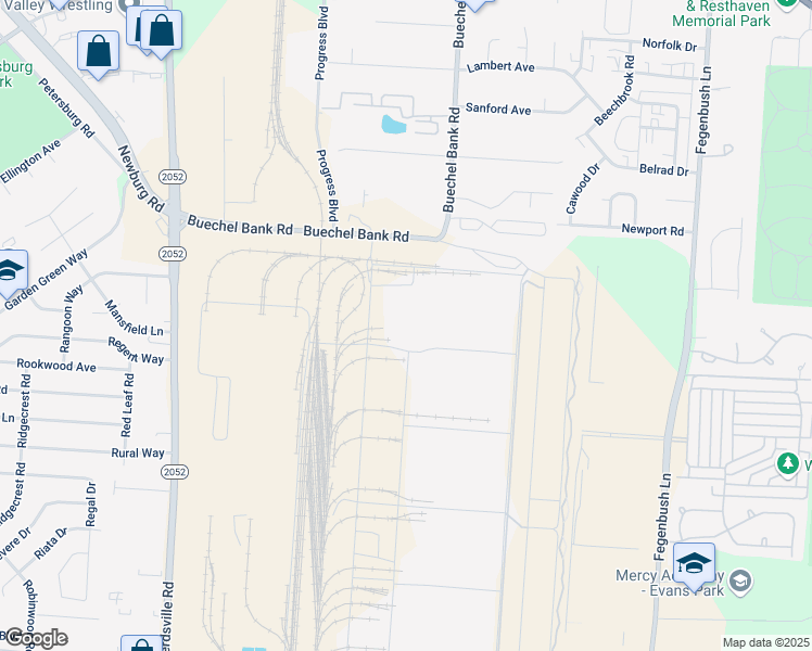 map of restaurants, bars, coffee shops, grocery stores, and more near 4000 Buechel Bank Road in Louisville