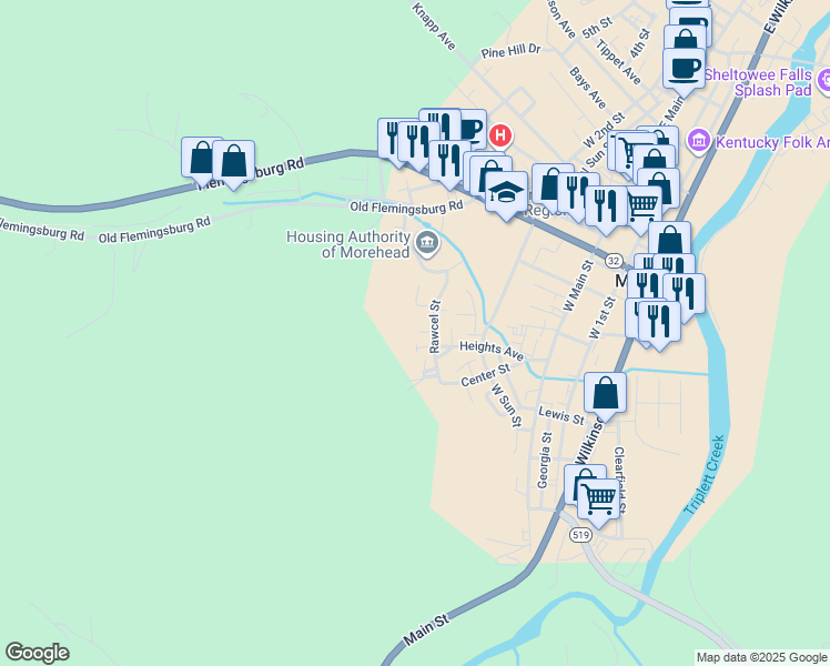 map of restaurants, bars, coffee shops, grocery stores, and more near 606 Rawcel Street in Morehead