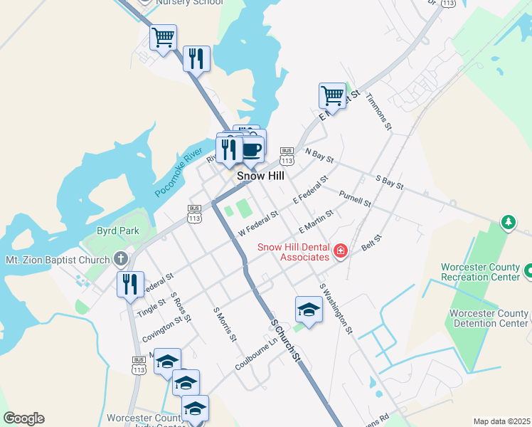 map of restaurants, bars, coffee shops, grocery stores, and more near 106 West Federal Street in Snow Hill