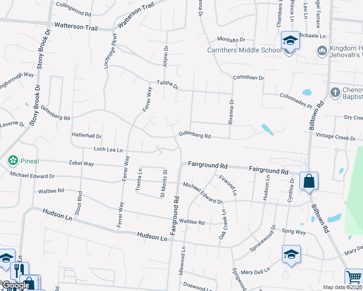 map of restaurants, bars, coffee shops, grocery stores, and more near 4937 Villa Fair Road in Louisville