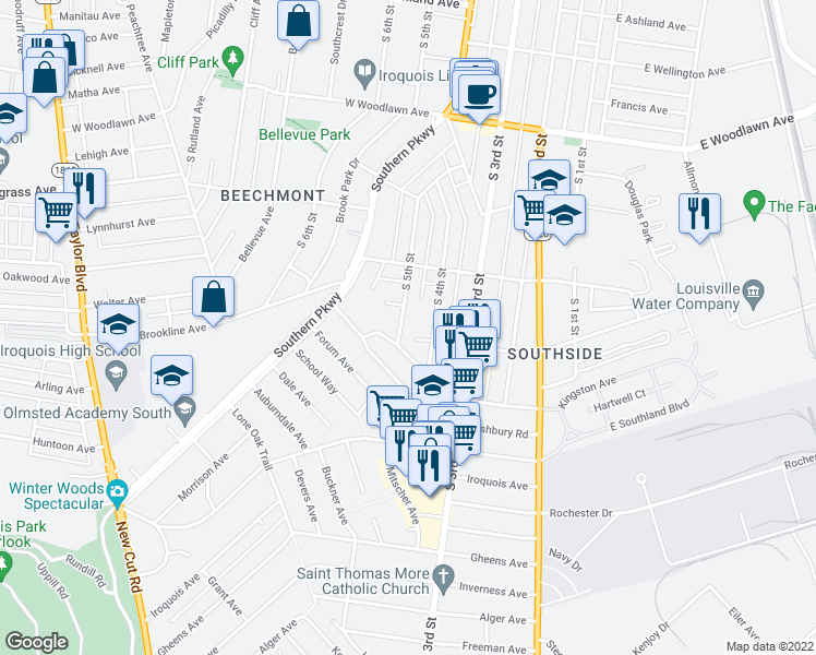 map of restaurants, bars, coffee shops, grocery stores, and more near 4929 South 5th Street in Louisville