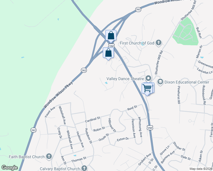 map of restaurants, bars, coffee shops, grocery stores, and more near 105 Midvale Crossing in Staunton