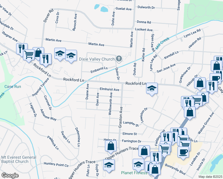 map of restaurants, bars, coffee shops, grocery stores, and more near 2398 Elmhurst Avenue in Louisville