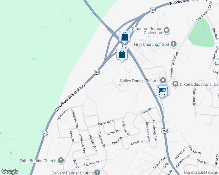 map of restaurants, bars, coffee shops, grocery stores, and more near 411 Audubon Street in Staunton