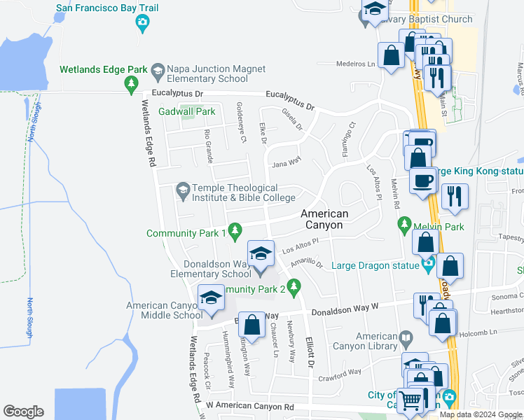 map of restaurants, bars, coffee shops, grocery stores, and more near 201 Landana Street in American Canyon