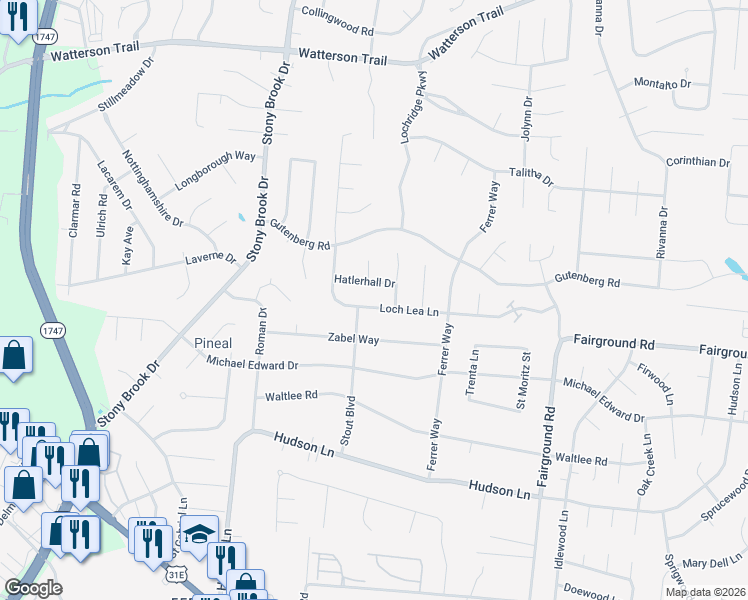 map of restaurants, bars, coffee shops, grocery stores, and more near 4900 Stout Boulevard in Louisville