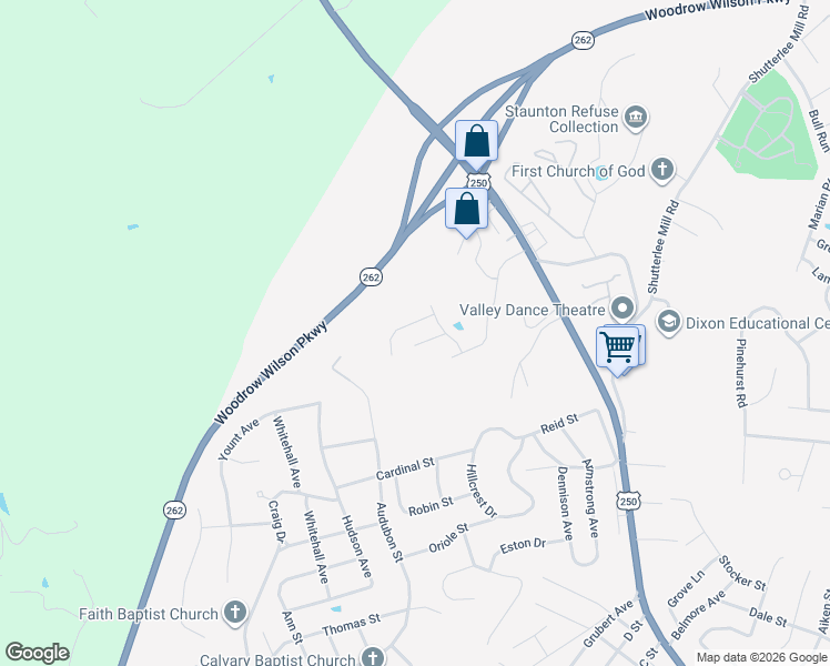 map of restaurants, bars, coffee shops, grocery stores, and more near 411 Audubon Street in Staunton