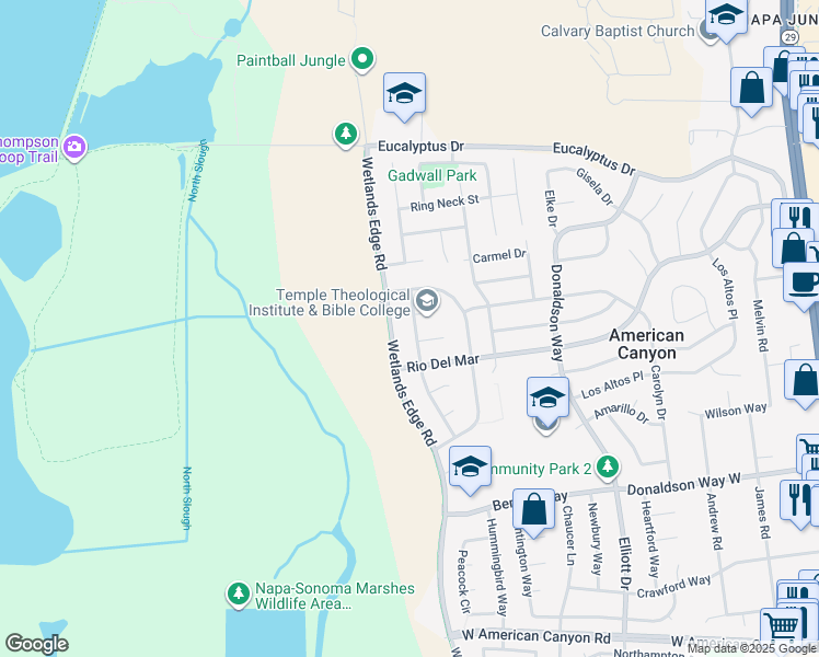 map of restaurants, bars, coffee shops, grocery stores, and more near 217 Red Clover Way in American Canyon