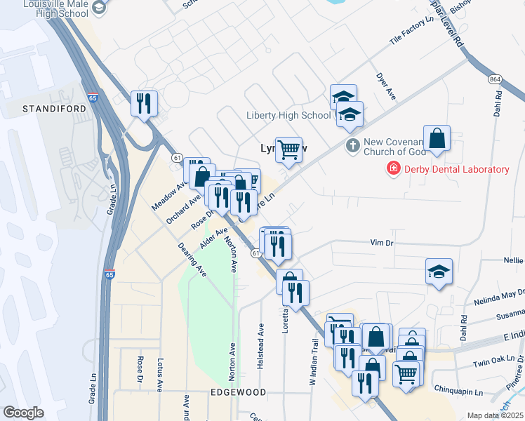 map of restaurants, bars, coffee shops, grocery stores, and more near 1206 Gilmore Lane in Louisville