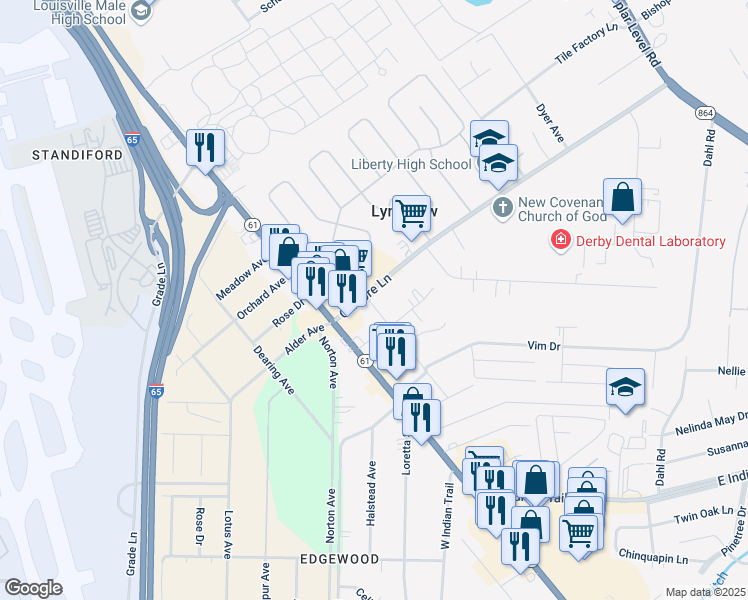 map of restaurants, bars, coffee shops, grocery stores, and more near 1214 Gilmore Lane in Louisville