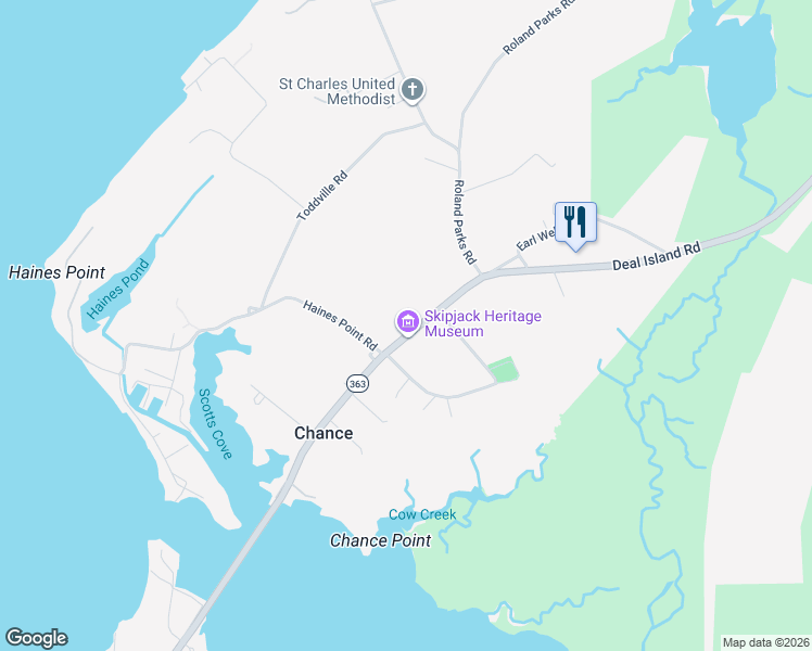 map of restaurants, bars, coffee shops, grocery stores, and more near 23529 Deal Island Road in Deal Island Historic District