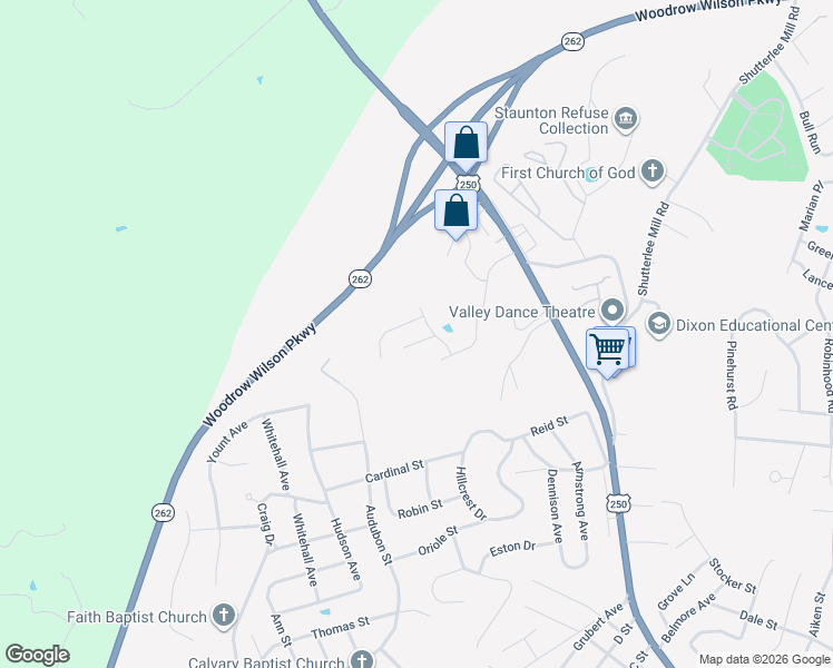 map of restaurants, bars, coffee shops, grocery stores, and more near 105 Midvale Crossing in Staunton