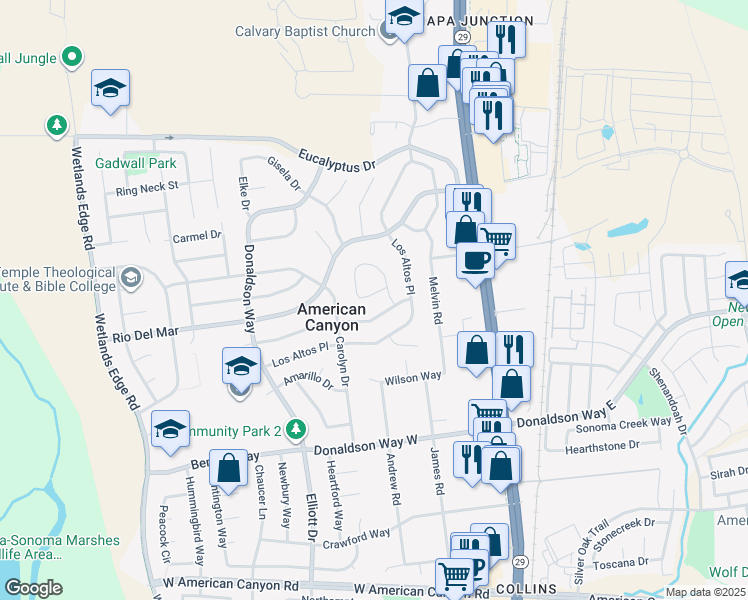 map of restaurants, bars, coffee shops, grocery stores, and more near 18 Joan Drive in American Canyon