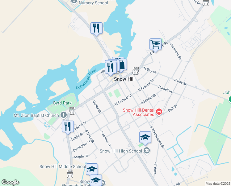 map of restaurants, bars, coffee shops, grocery stores, and more near 103 West Market Street in Snow Hill