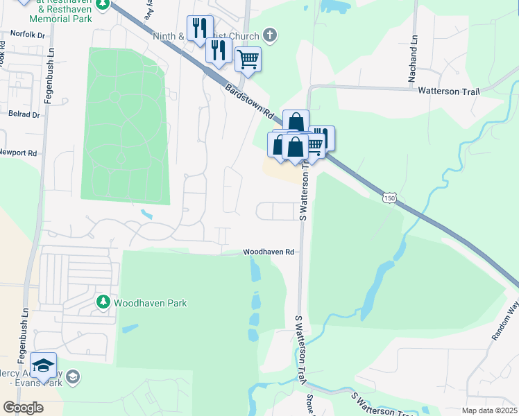 map of restaurants, bars, coffee shops, grocery stores, and more near 7052 Wildwood Circle in Louisville