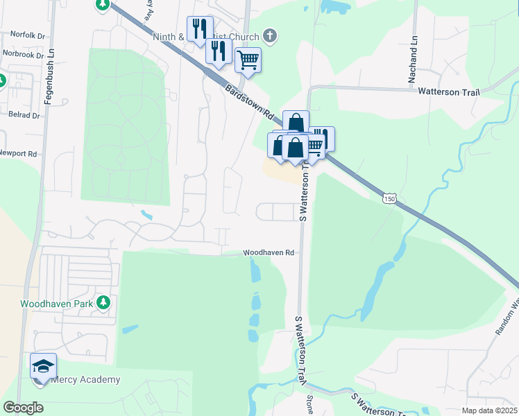 map of restaurants, bars, coffee shops, grocery stores, and more near 7054 Wildwood Circle in Louisville