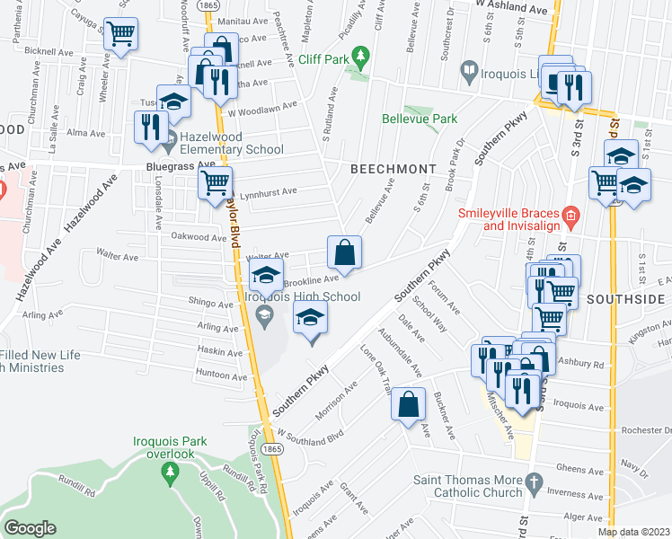map of restaurants, bars, coffee shops, grocery stores, and more near 1009 Brookline Avenue in Louisville