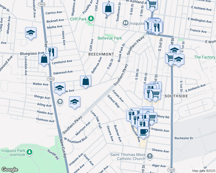 map of restaurants, bars, coffee shops, grocery stores, and more near 5000 Auburndale Avenue in Louisville