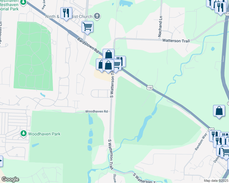 map of restaurants, bars, coffee shops, grocery stores, and more near 7094 Wildwood Circle in Louisville