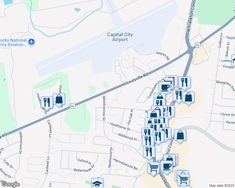 map of restaurants, bars, coffee shops, grocery stores, and more near 1335 Louisville Road in Frankfort