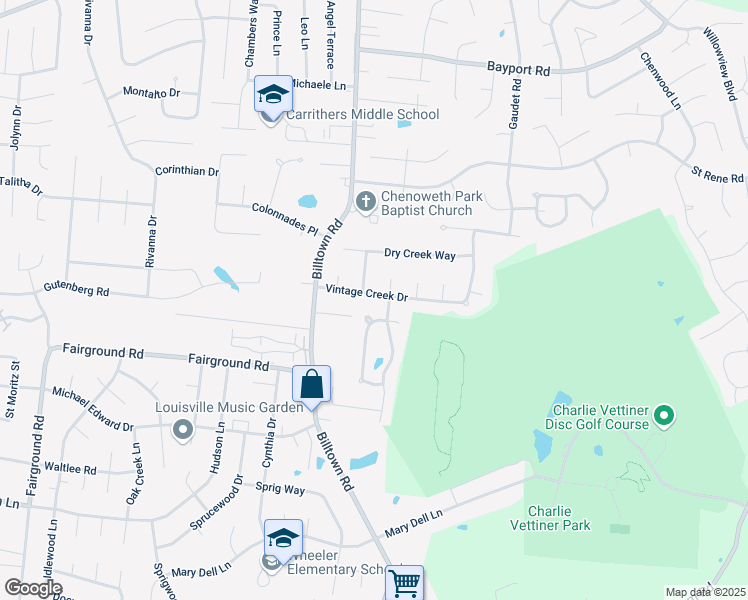 map of restaurants, bars, coffee shops, grocery stores, and more near 10520 Vintage Creek Drive in Louisville