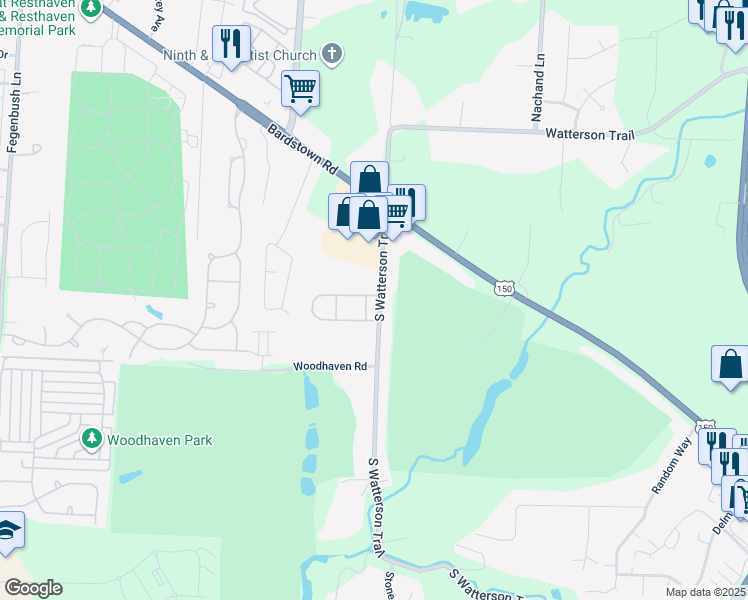 map of restaurants, bars, coffee shops, grocery stores, and more near 7094 Wildwood Circle in Louisville