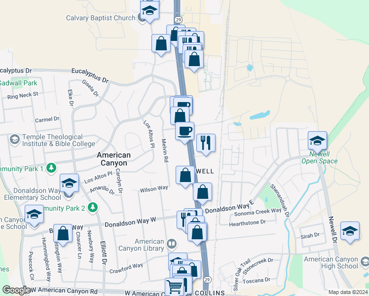 map of restaurants, bars, coffee shops, grocery stores, and more near 3845 Broadway in American Canyon
