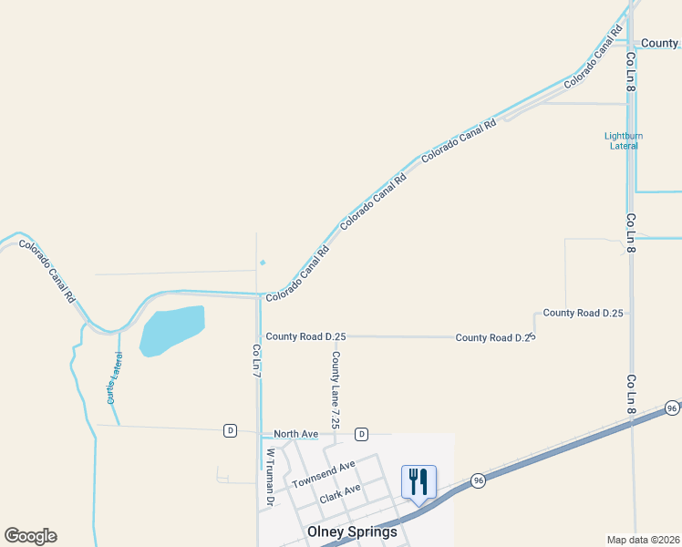 map of restaurants, bars, coffee shops, grocery stores, and more near 4502 County Lane 7 in Olney Springs