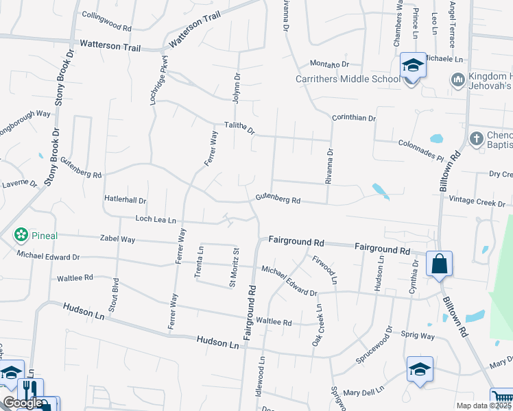 map of restaurants, bars, coffee shops, grocery stores, and more near 4937 Villa Fair Road in Louisville