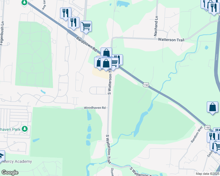 map of restaurants, bars, coffee shops, grocery stores, and more near 7094 Wildwood Circle in Louisville