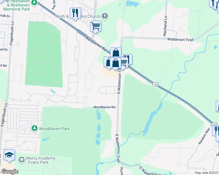map of restaurants, bars, coffee shops, grocery stores, and more near 7088 Wildwood Circle in Louisville