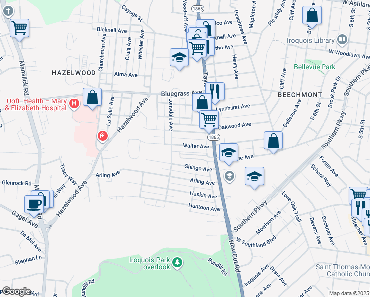 map of restaurants, bars, coffee shops, grocery stores, and more near 1415 Shingo Avenue in Louisville