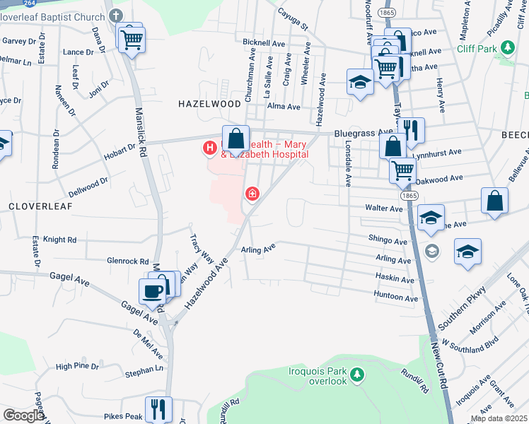map of restaurants, bars, coffee shops, grocery stores, and more near 1904 Hazelwood Court in Louisville