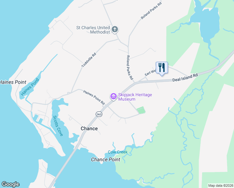 map of restaurants, bars, coffee shops, grocery stores, and more near 23550 Deal Island Road in Deal Island Historic District