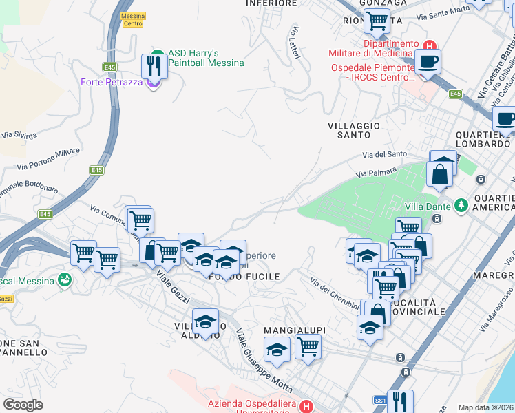map of restaurants, bars, coffee shops, grocery stores, and more near 44 Via Comunale Santo in Messina