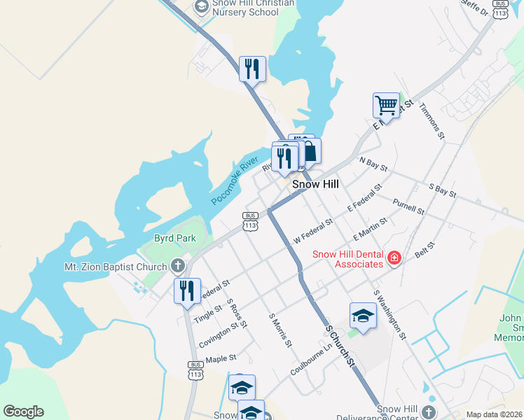 map of restaurants, bars, coffee shops, grocery stores, and more near 200 West Market Street in Snow Hill