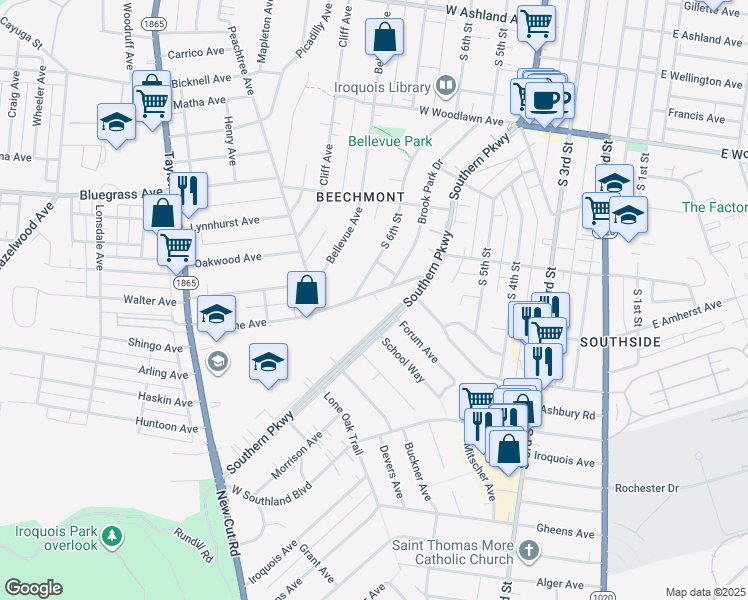 map of restaurants, bars, coffee shops, grocery stores, and more near 715 Brookline Avenue in Louisville