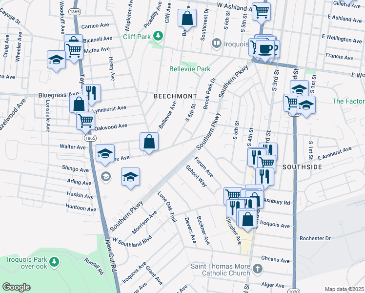map of restaurants, bars, coffee shops, grocery stores, and more near 715 Brookline Avenue in Louisville