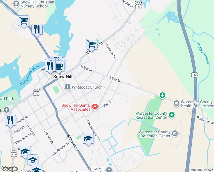 map of restaurants, bars, coffee shops, grocery stores, and more near 203 South Bay Street in Snow Hill