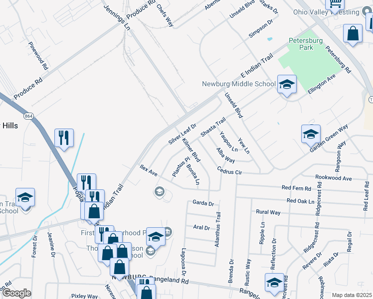map of restaurants, bars, coffee shops, grocery stores, and more near 5106 Kilmer Boulevard in Louisville