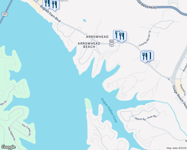 map of restaurants, bars, coffee shops, grocery stores, and more near 99 Arrowhead Beach Club Rd in Lake Ozark