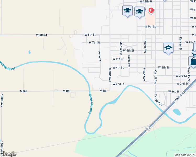 map of restaurants, bars, coffee shops, grocery stores, and more near Anne Street in Larned