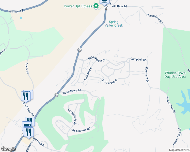 map of restaurants, bars, coffee shops, grocery stores, and more near 299 Gold Creek Drive in Valley Springs