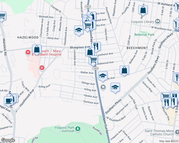 map of restaurants, bars, coffee shops, grocery stores, and more near 1319 Walter Avenue in Louisville