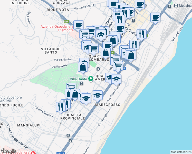 map of restaurants, bars, coffee shops, grocery stores, and more near 25 Via Roma in Messina