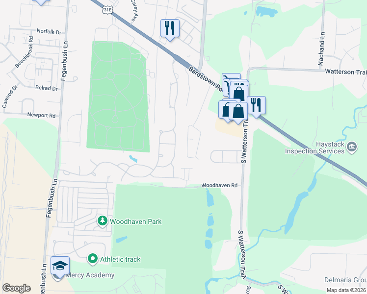 map of restaurants, bars, coffee shops, grocery stores, and more near 137 Crews Drive in Louisville