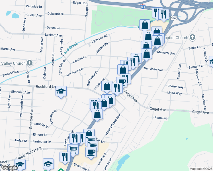 map of restaurants, bars, coffee shops, grocery stores, and more near 4621 Hillside Drive in Louisville